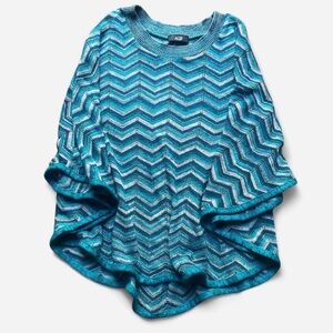 AGB Turquoise Teal Chevron Knit Pattern Poncho Shrug Sz Large w/ Sleeves Boho